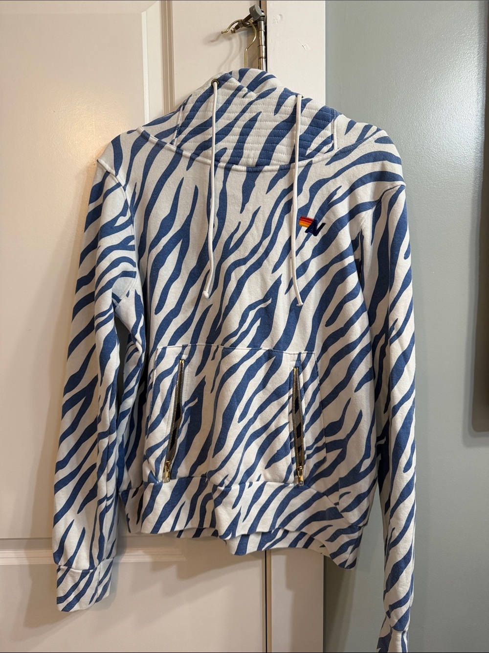 Aviator Nation Blue Zebra-Pattern Ninja Hoodie w/ zip Front Pockets size medium